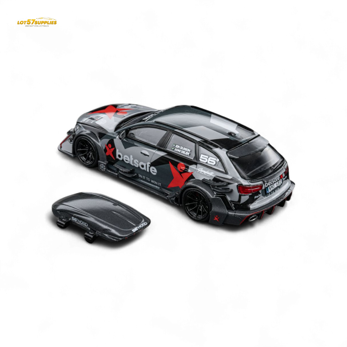 Miniature DCM Audi RS6 C7 diecast car by Lot57Supplies, featuring Gumball 3000 and Betsafe decals, detailed 1:64 scale model.