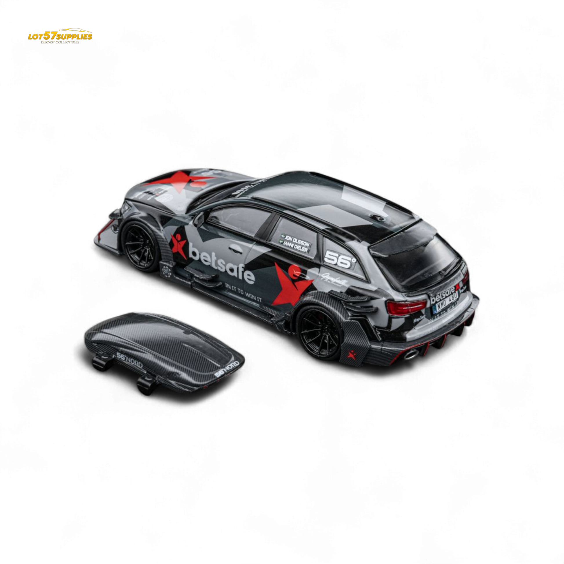 Miniature DCM Audi RS6 C7 diecast car by Lot57Supplies, featuring Gumball 3000 and Betsafe decals, detailed 1:64 scale model.