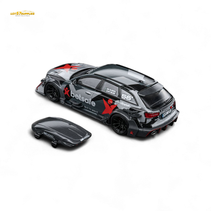 Miniature DCM Audi RS6 C7 diecast car by Lot57Supplies, featuring Gumball 3000 and Betsafe decals, detailed 1:64 scale model.
