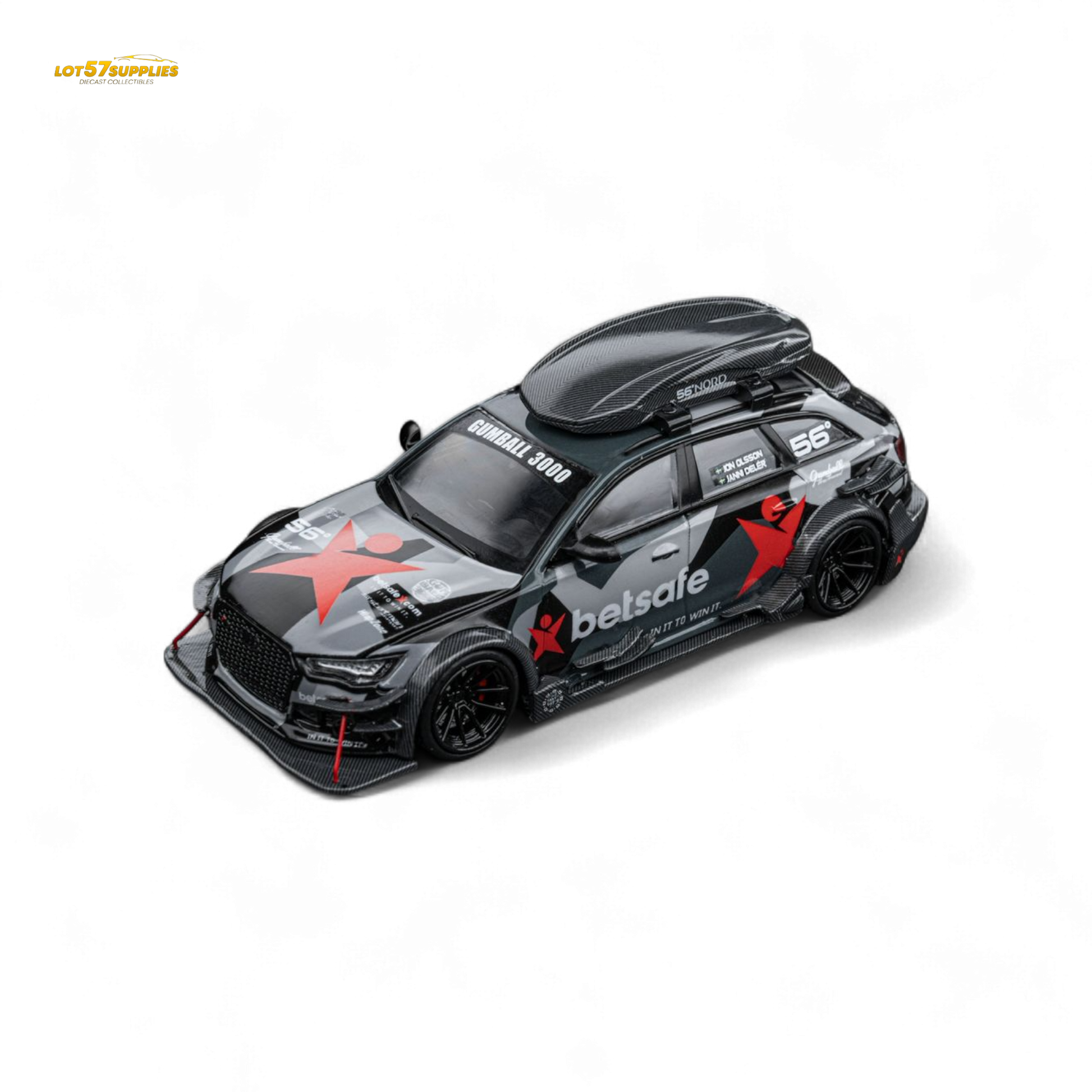Detailed image of a 1:64 scale Lot57Supplies Audi RS6 C7 DTM diecast model, featuring Betsafe Gumball 3000 livery.