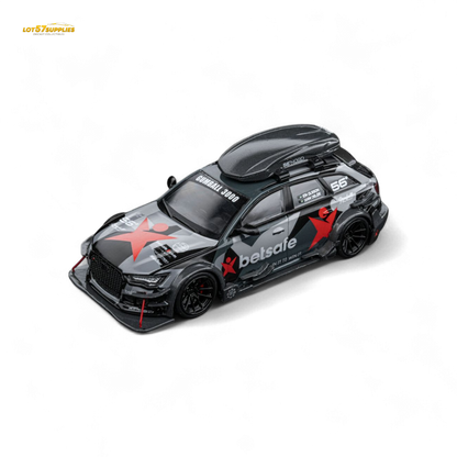 Detailed image of a 1:64 scale Lot57Supplies Audi RS6 C7 DTM diecast model, featuring Betsafe Gumball 3000 livery.
