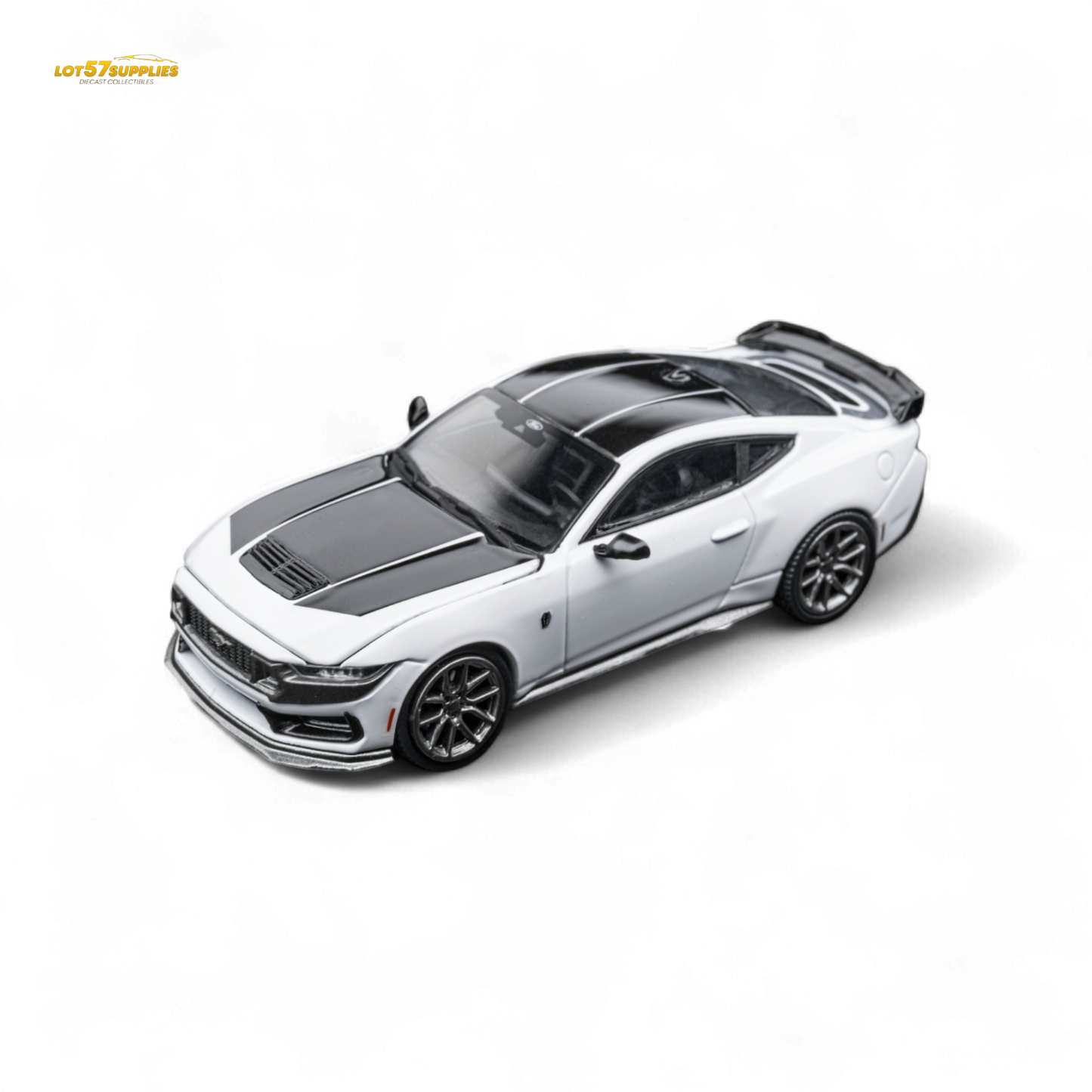White 1:64 scale DCM Mustang Dark Horse diecast Ford model by Lot57Supplies, detailed with realistic features and sleek design.