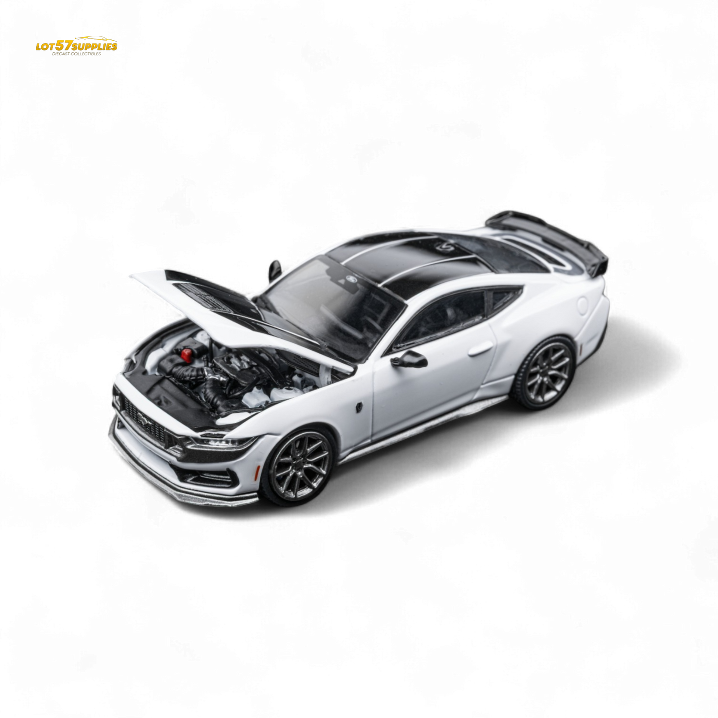 White 1:64 scale DCM Mustang Dark Horse diecast model by Lot57Supplies Ford car with detailed design.