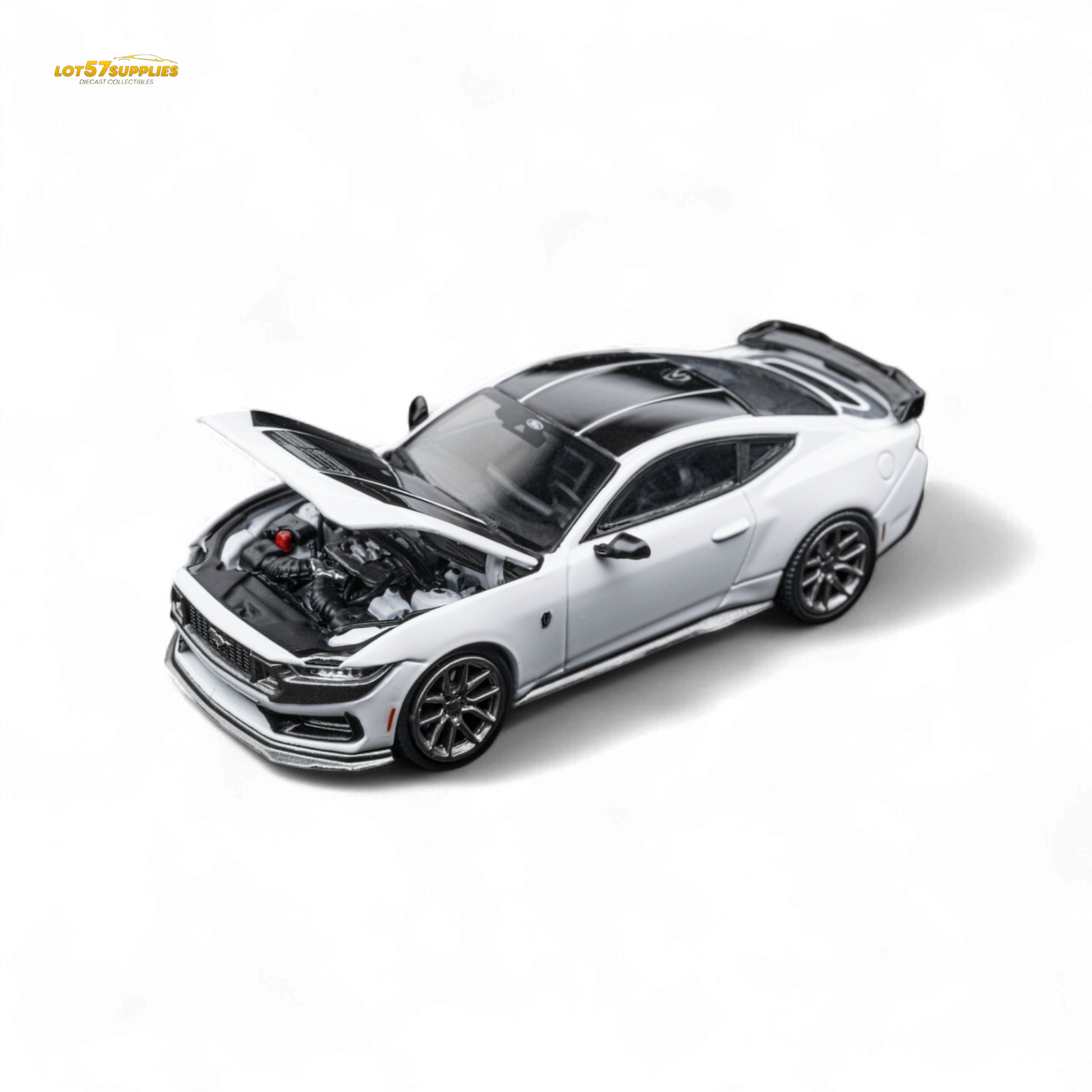 White 1:64 scale DCM Mustang Dark Horse diecast model by Lot57Supplies Ford car with detailed design.