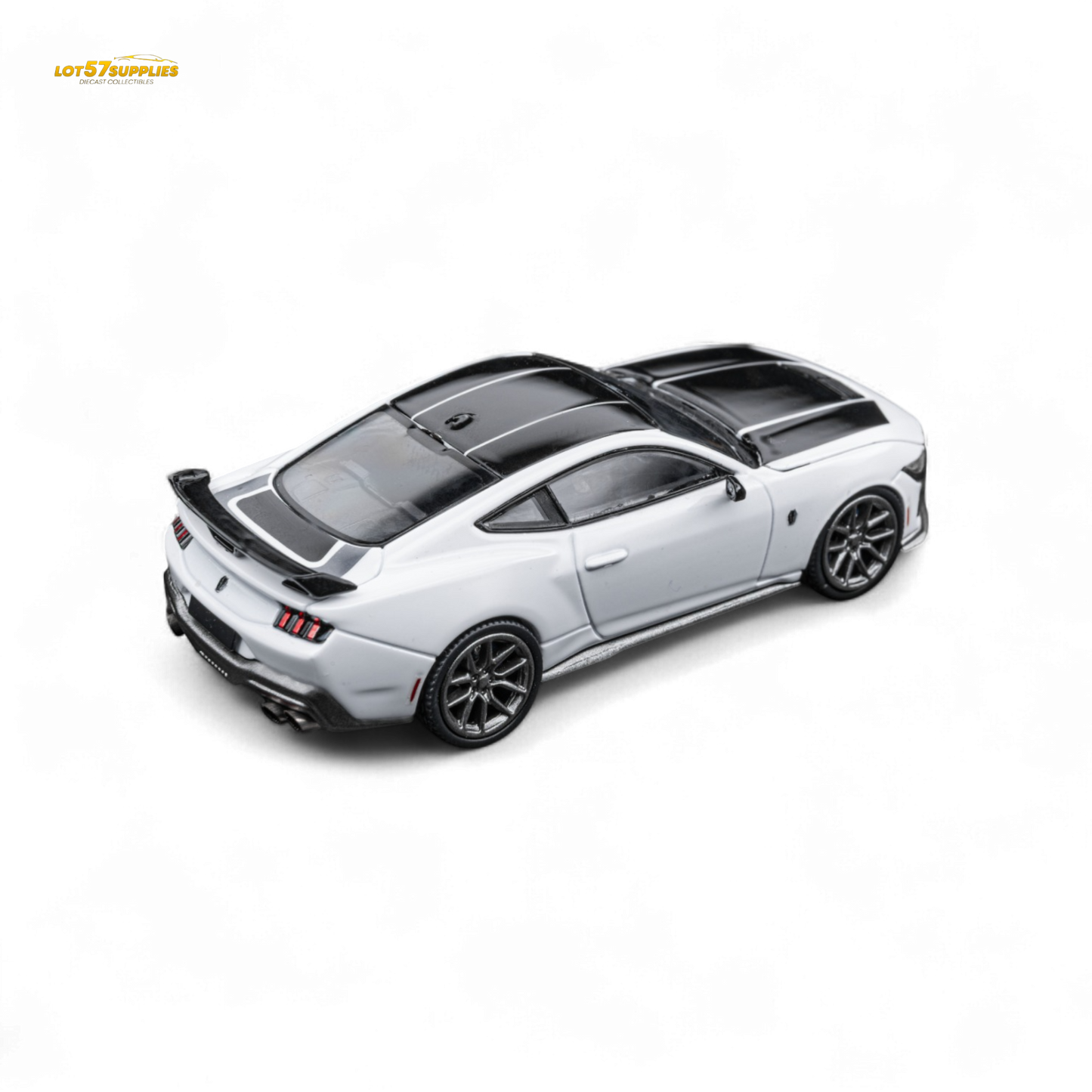White 1:64 scale DCM Mustang Dark Horse diecast model by Lot57Supplies Ford, detailed with realistic features.