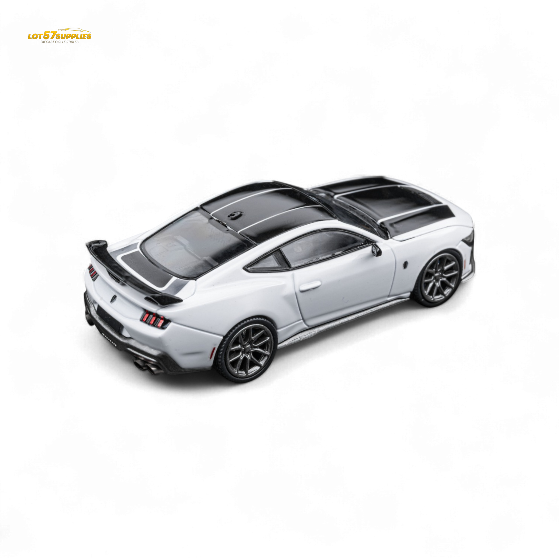 White 1:64 scale DCM Mustang Dark Horse diecast model by Lot57Supplies Ford, detailed with realistic features.