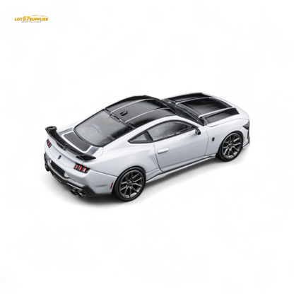 White 1:64 scale DCM Mustang Dark Horse diecast model by Lot57Supplies Ford, detailed with realistic features.