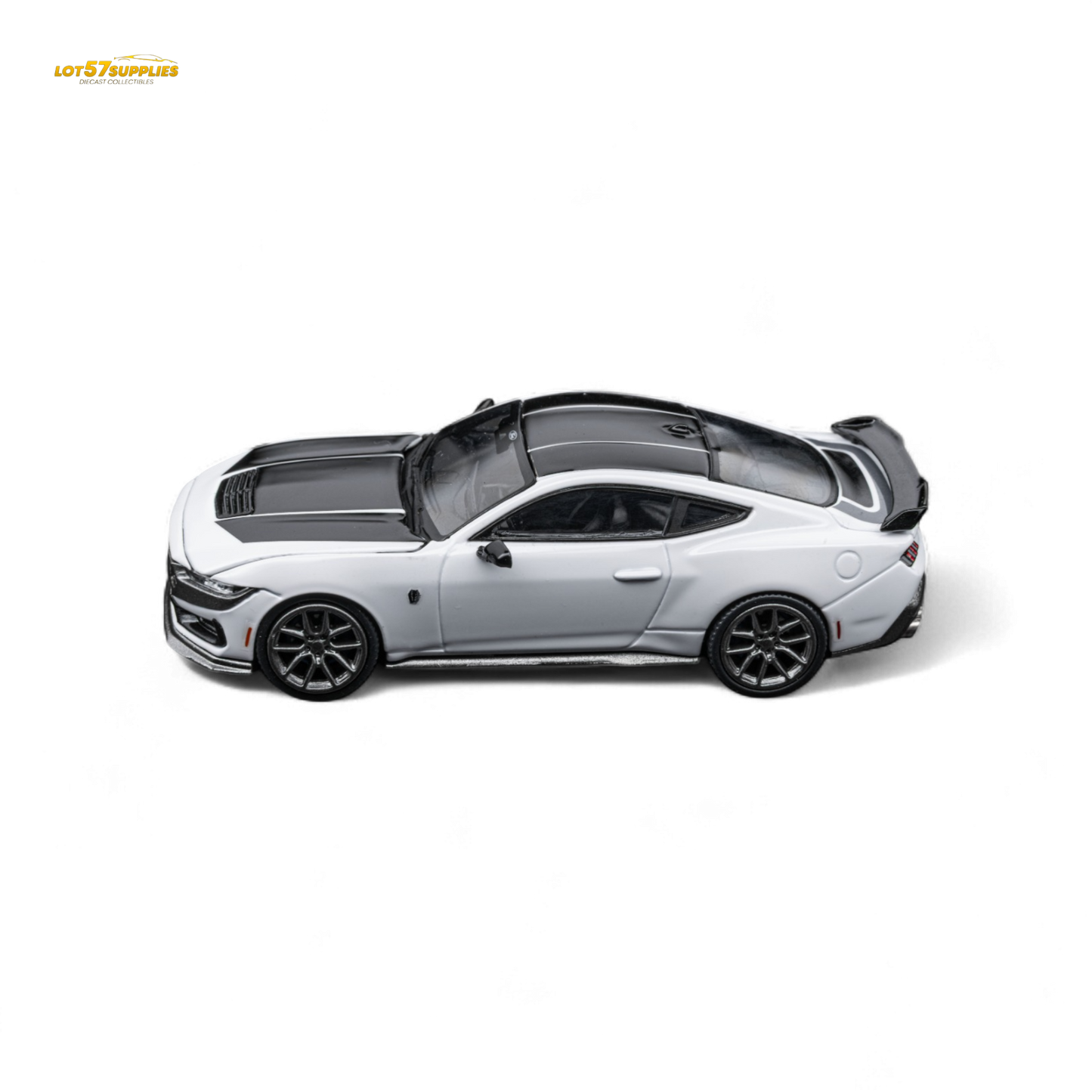 White 1:64 scale DCM Mustang Dark Horse diecast Ford car from Lot57Supplies Diecast Shop, detailed miniature model.