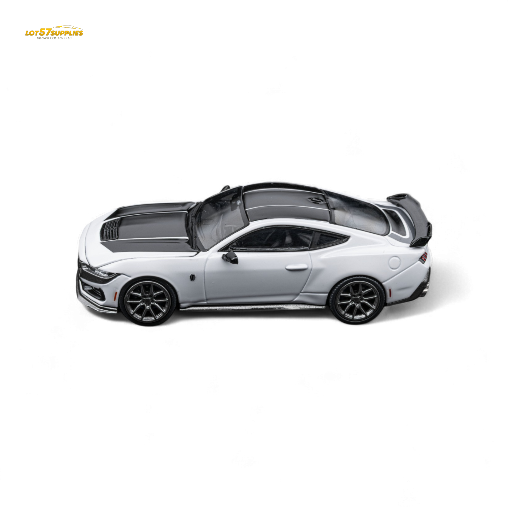 White 1:64 scale DCM Mustang Dark Horse diecast Ford car from Lot57Supplies Diecast Shop, detailed miniature model.