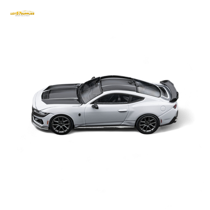 White 1:64 scale DCM Mustang Dark Horse diecast Ford car from Lot57Supplies Diecast Shop, detailed miniature model.