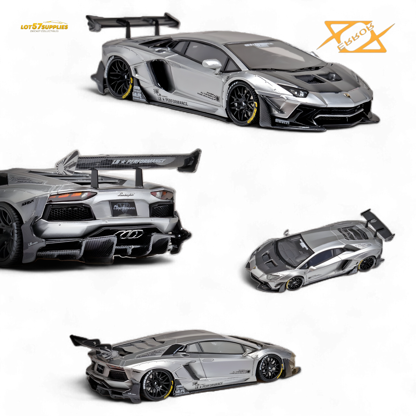 Silver Lamborghini Aventador 2.0 diecast model in 1:64 scale by Lot57Supplies, detailed miniature car for collectors.