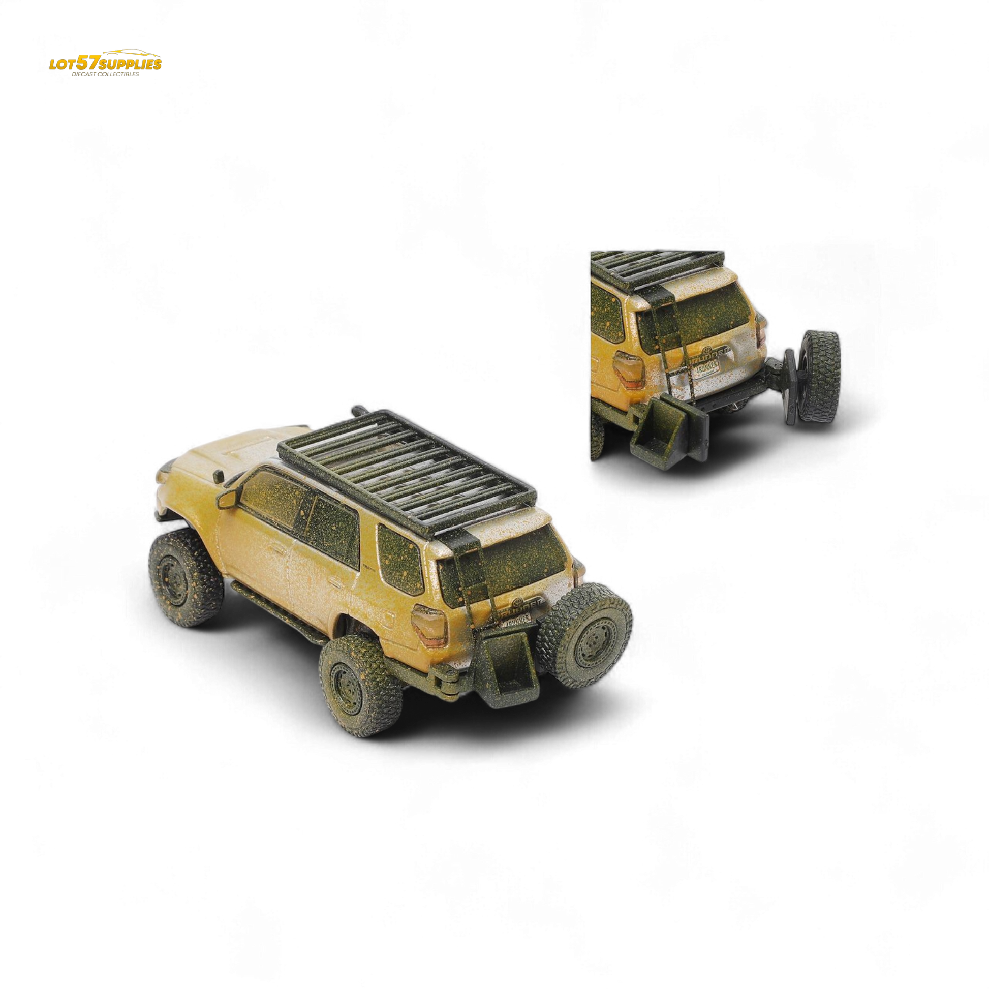 Silver GCD Toyota 4 Runner diecast model in 1:64 scale showing detailed exterior with muddy effects, by Lot57Supplies Diecast Shop.