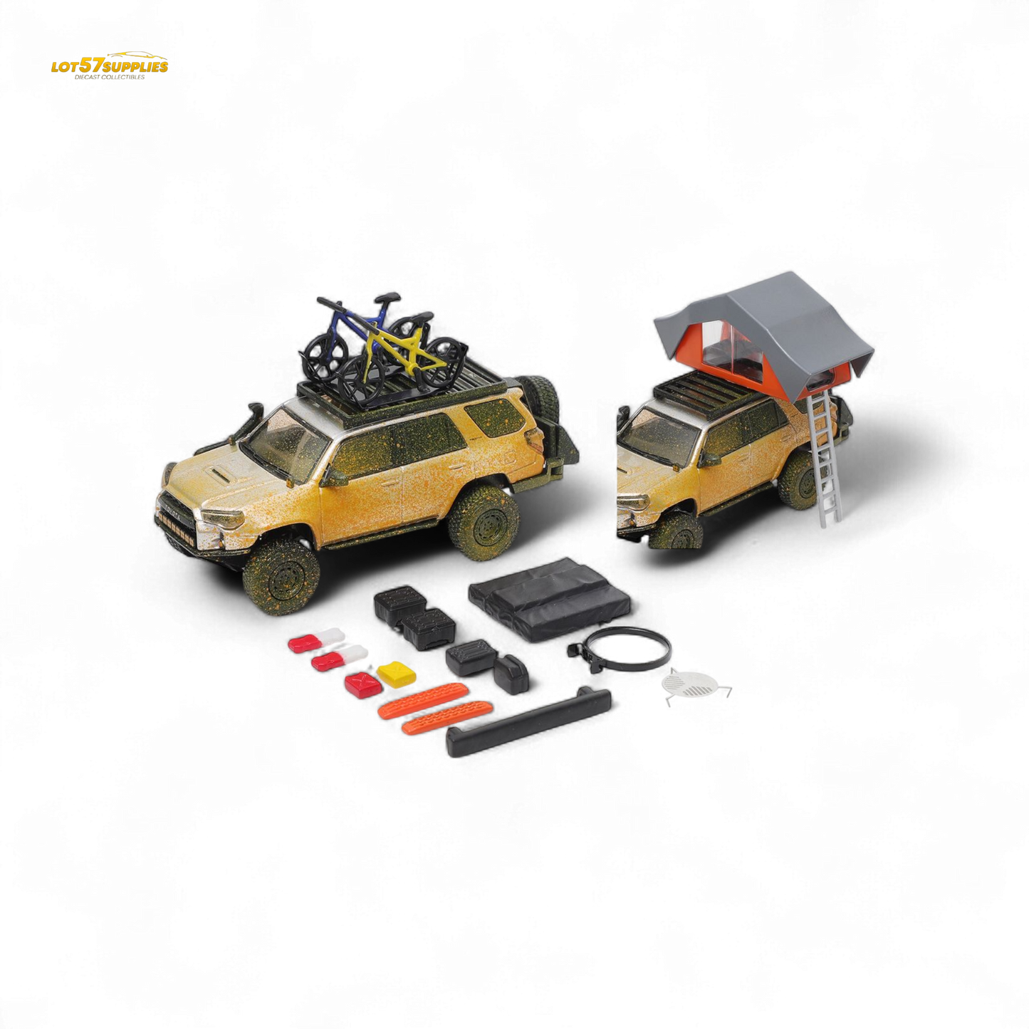 Silver GCD Toyota 4Runner diecast model in 1:64 scale, featuring muddy detailing, from Lot57Supplies Diecast Shop.