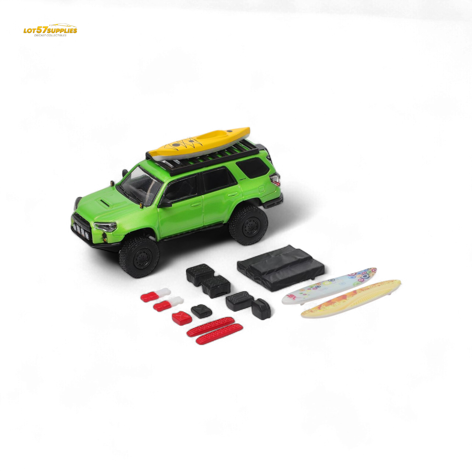 Green Toyota 4Runner diecast model in 1:64 scale by Lot57Supplies Diecast Shop, detailed miniature vehicle on a white background.