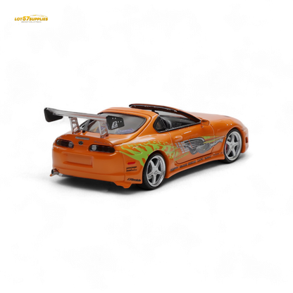Diecast Toyota Supra MK4 Targa model in 1:64 scale by Lot57Supplies, showcasing detailed design and vibrant paint.