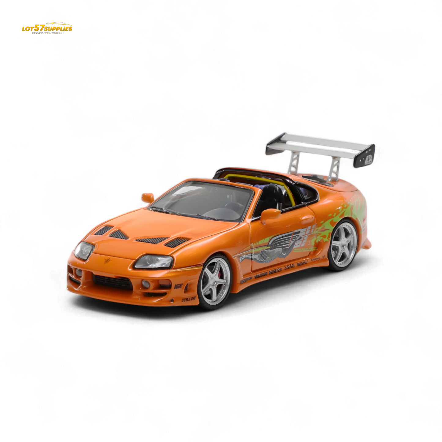 Diecast 1:64 Toyota Supra MK4 Targa model by Lot57Supplies showing detailed silver toy car on a plain background.