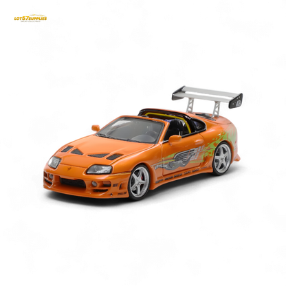 Diecast 1:64 Toyota Supra MK4 Targa model by Lot57Supplies showing detailed silver toy car on a plain background.