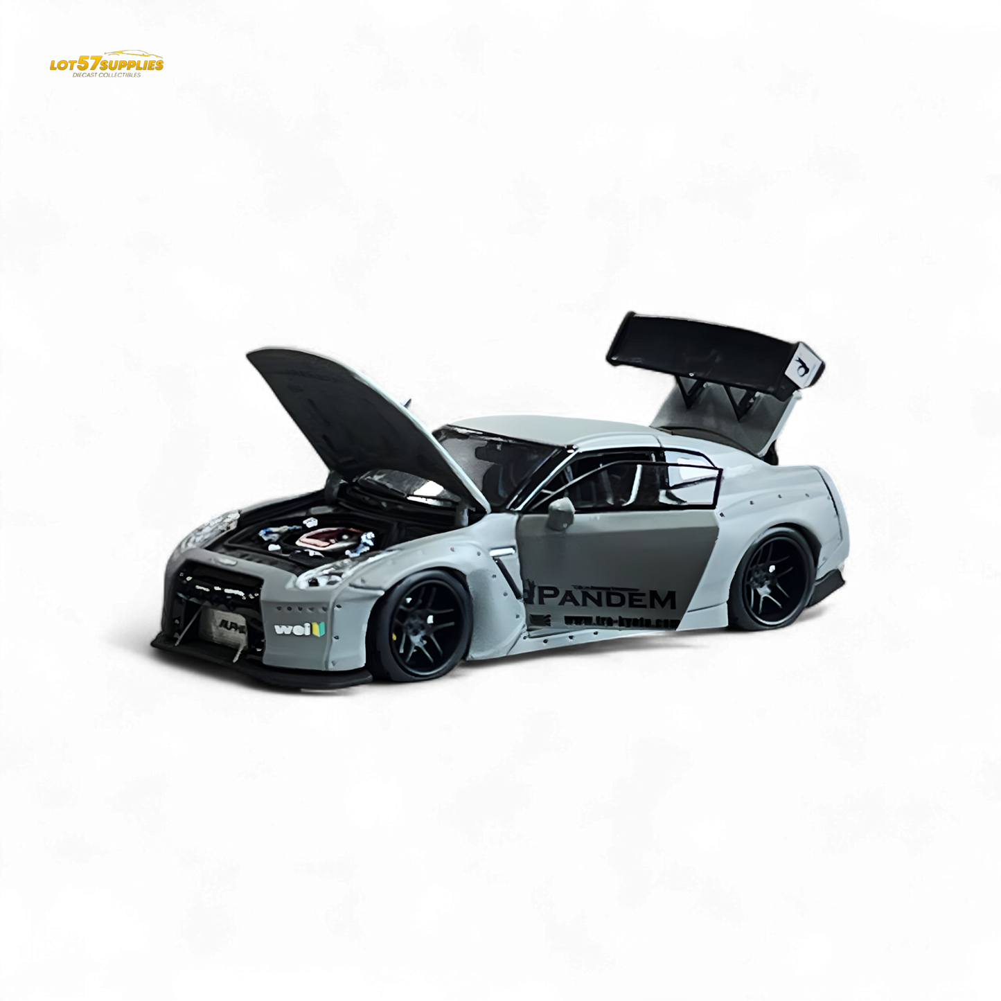 Gray Nissan PGM Rocket Bunny R35 diecast car in luxury version, 1:64 scale, detailed design by Lot57Supplies Diecast Shop.