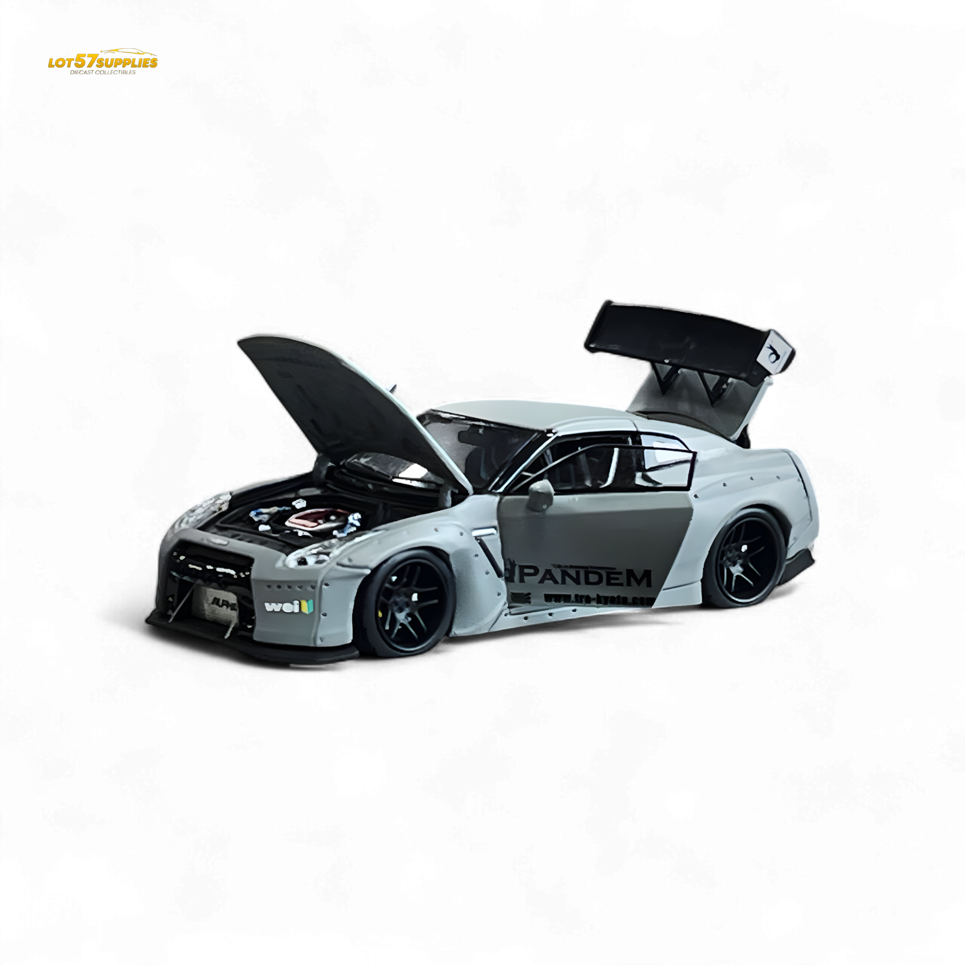 Gray Nissan PGM Rocket Bunny R35 diecast car in luxury version, 1:64 scale, detailed design by Lot57Supplies Diecast Shop.