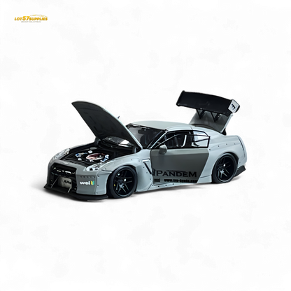 Gray Nissan PGM Rocket Bunny R35 diecast car in luxury version, 1:64 scale, detailed design by Lot57Supplies Diecast Shop.