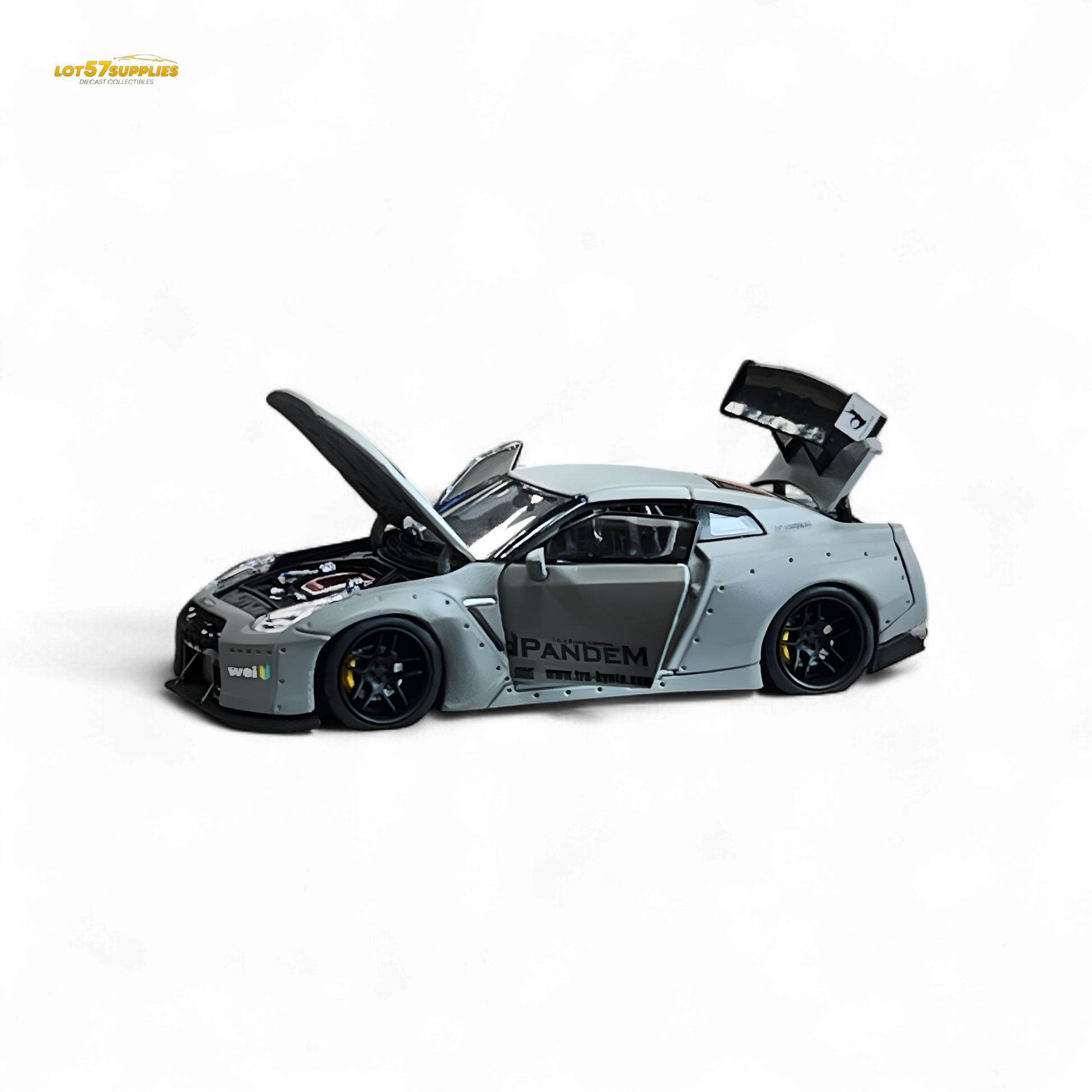 Gray PGM Rocket Bunny R35 Nissan diecast model, luxury version 1:64, detailed miniature car with racing-inspired design.