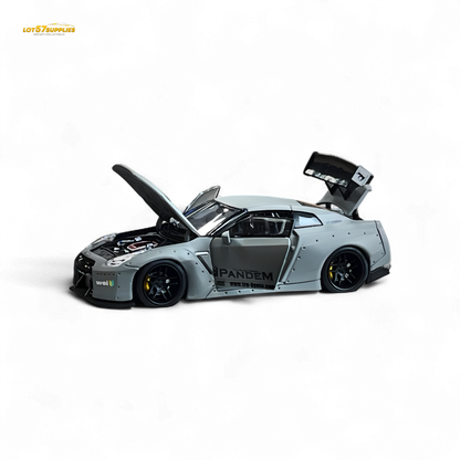 Gray PGM Rocket Bunny R35 Nissan diecast model, luxury version 1:64, detailed miniature car with racing-inspired design.