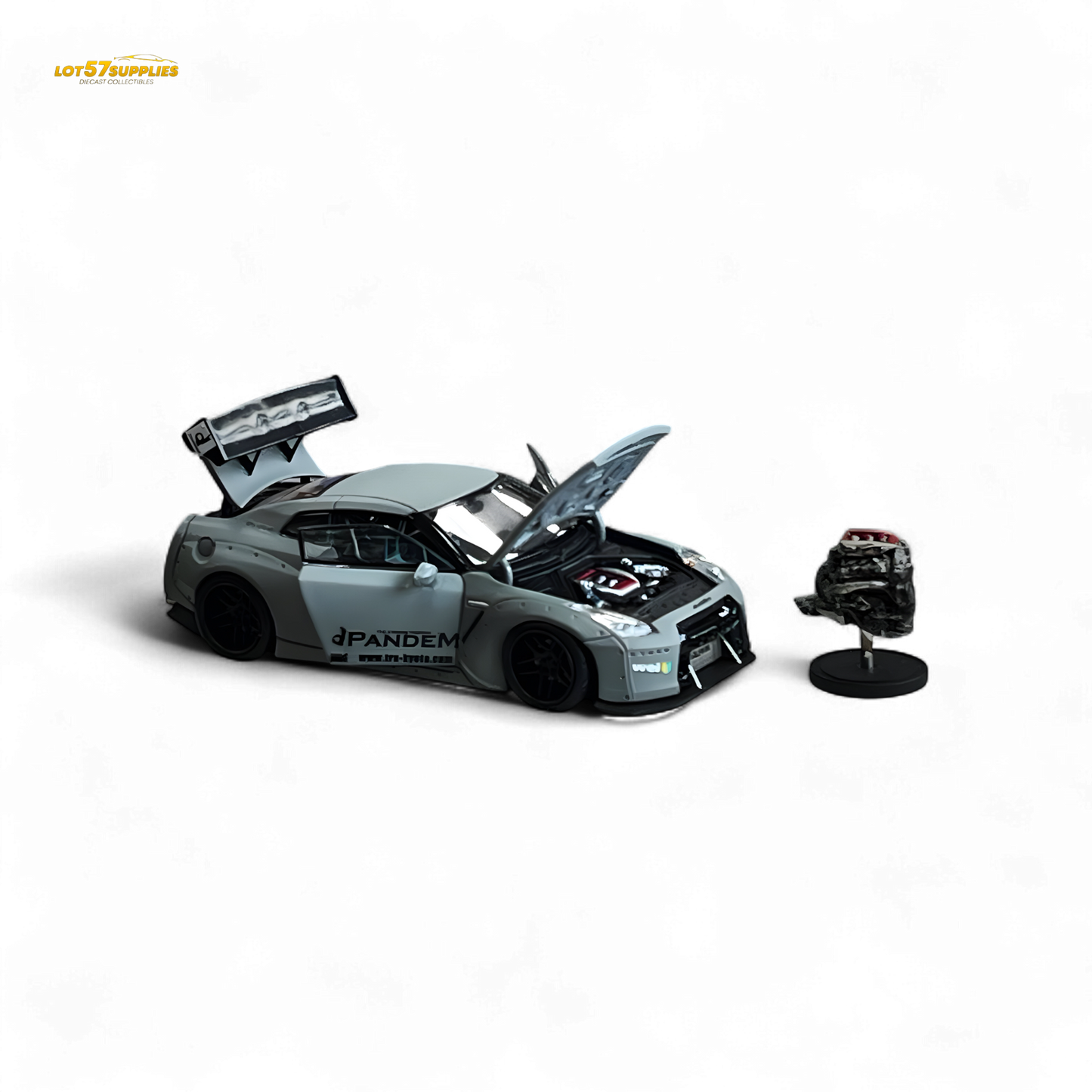 Nissan PGM Rocket Bunny R35 diecast car, Lot57Supplies Luxury Version 1:64 in combat grey, detailed miniature model on a white background.