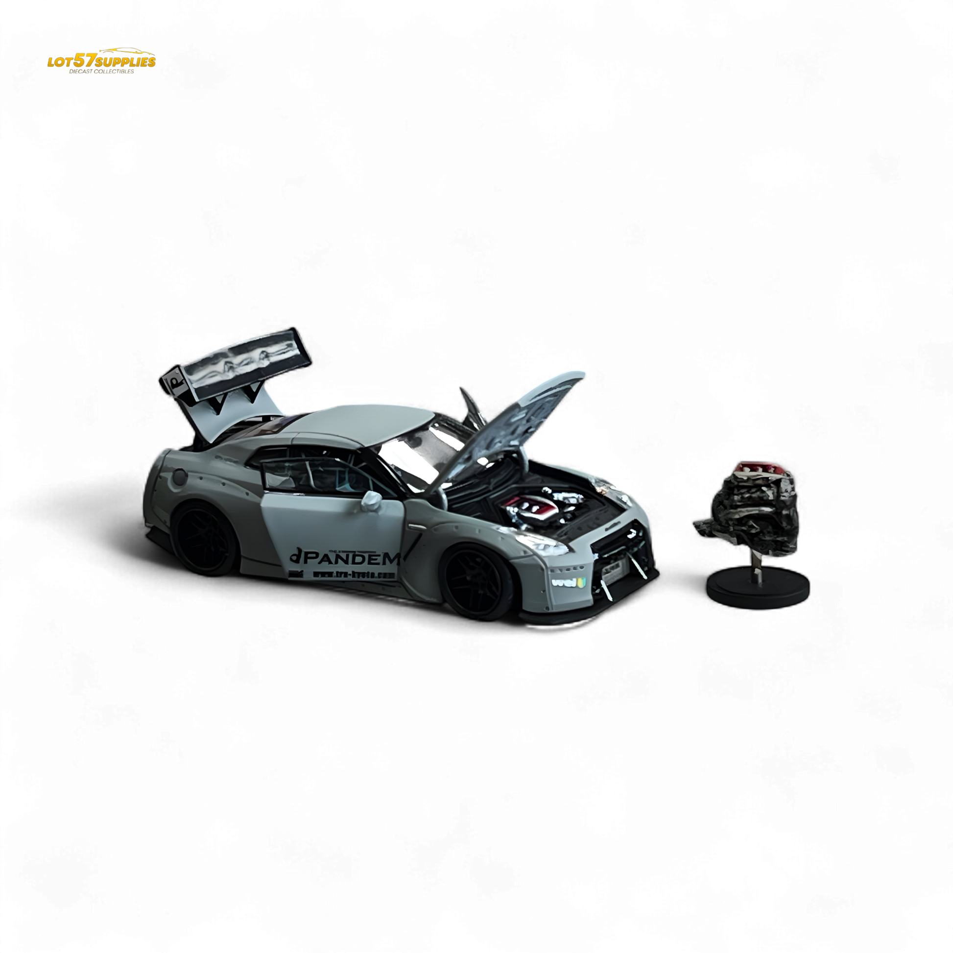 Nissan PGM Rocket Bunny R35 diecast car, Lot57Supplies Luxury Version 1:64 in combat grey, detailed miniature model on a white background.