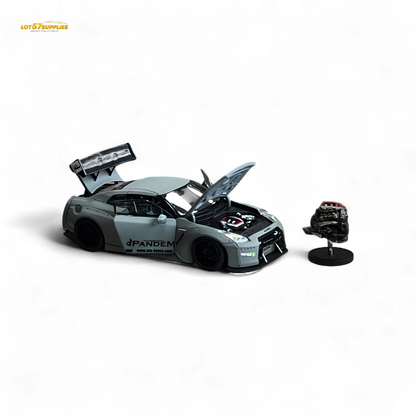 Nissan PGM Rocket Bunny R35 diecast car, Lot57Supplies Luxury Version 1:64 in combat grey, detailed miniature model on a white background.