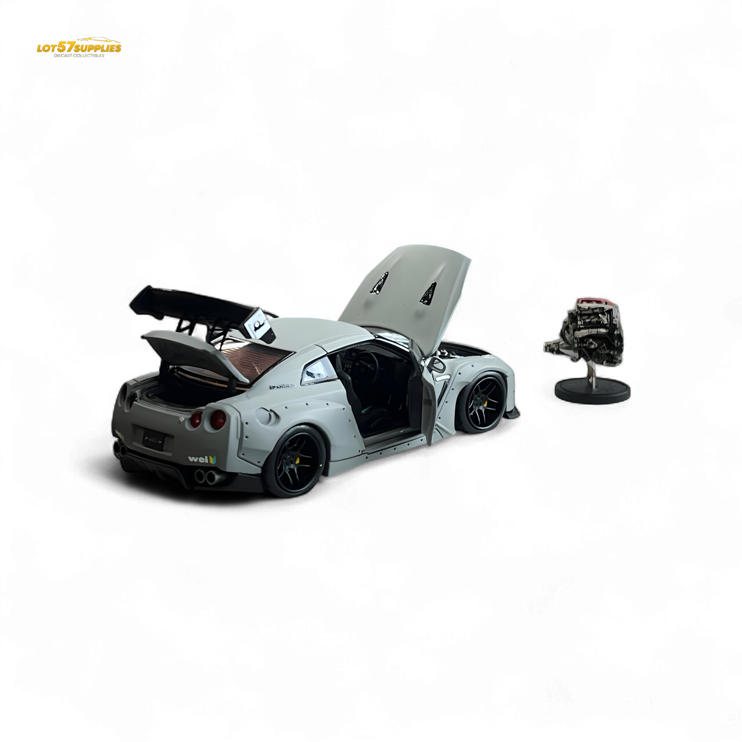 Nissan PGM Rocket Bunny R35 diecast car in combat grey, luxury version, 1:64 scale, from Lot57Supplies Diecast Shop.