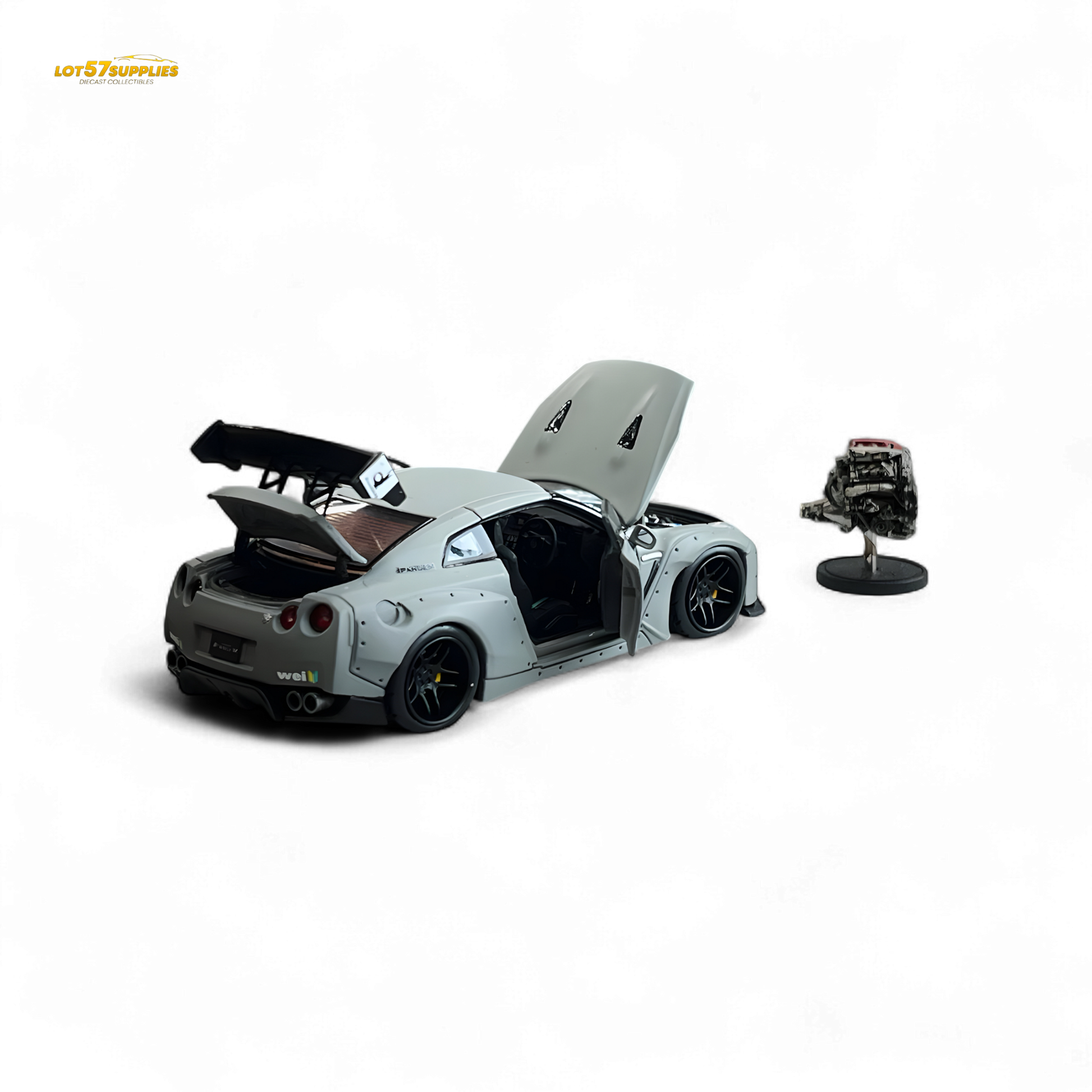 Nissan PGM Rocket Bunny R35 diecast car in combat grey, luxury version, 1:64 scale, from Lot57Supplies Diecast Shop.
