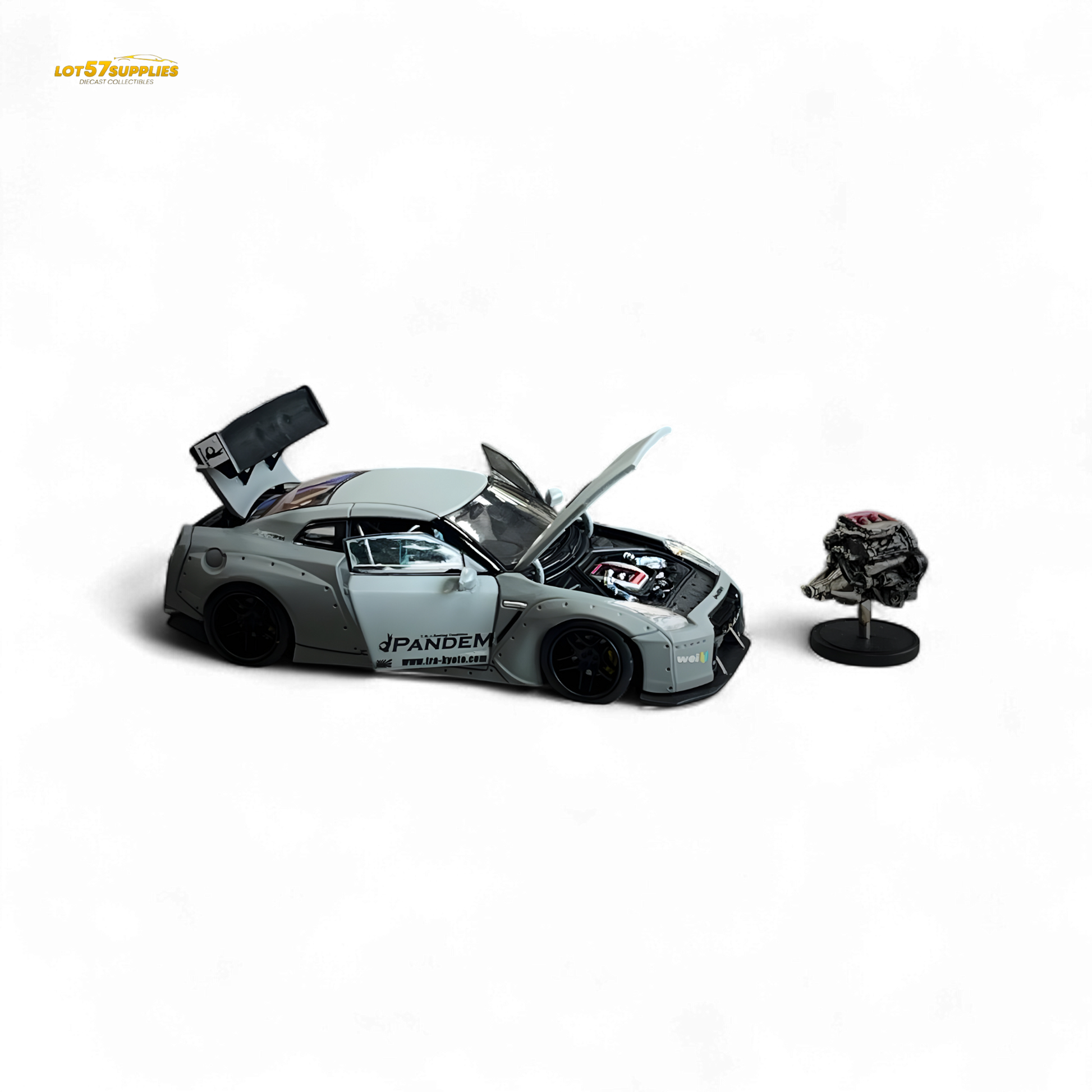 Diecast Nissan PGM Rocket Bunny R35 in combat grey, luxury version, 1:64 scale, detailed miniature car model from Lot57Supplies.