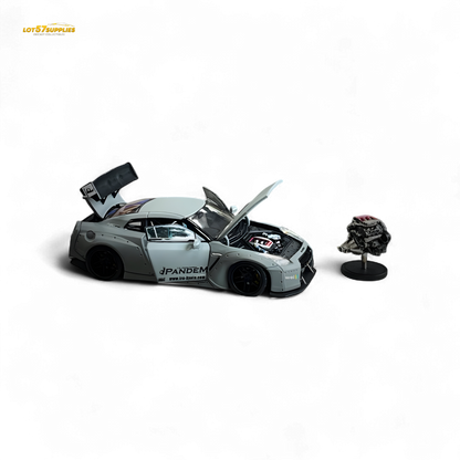 Diecast Nissan PGM Rocket Bunny R35 in combat grey, luxury version, 1:64 scale, detailed miniature car model from Lot57Supplies.