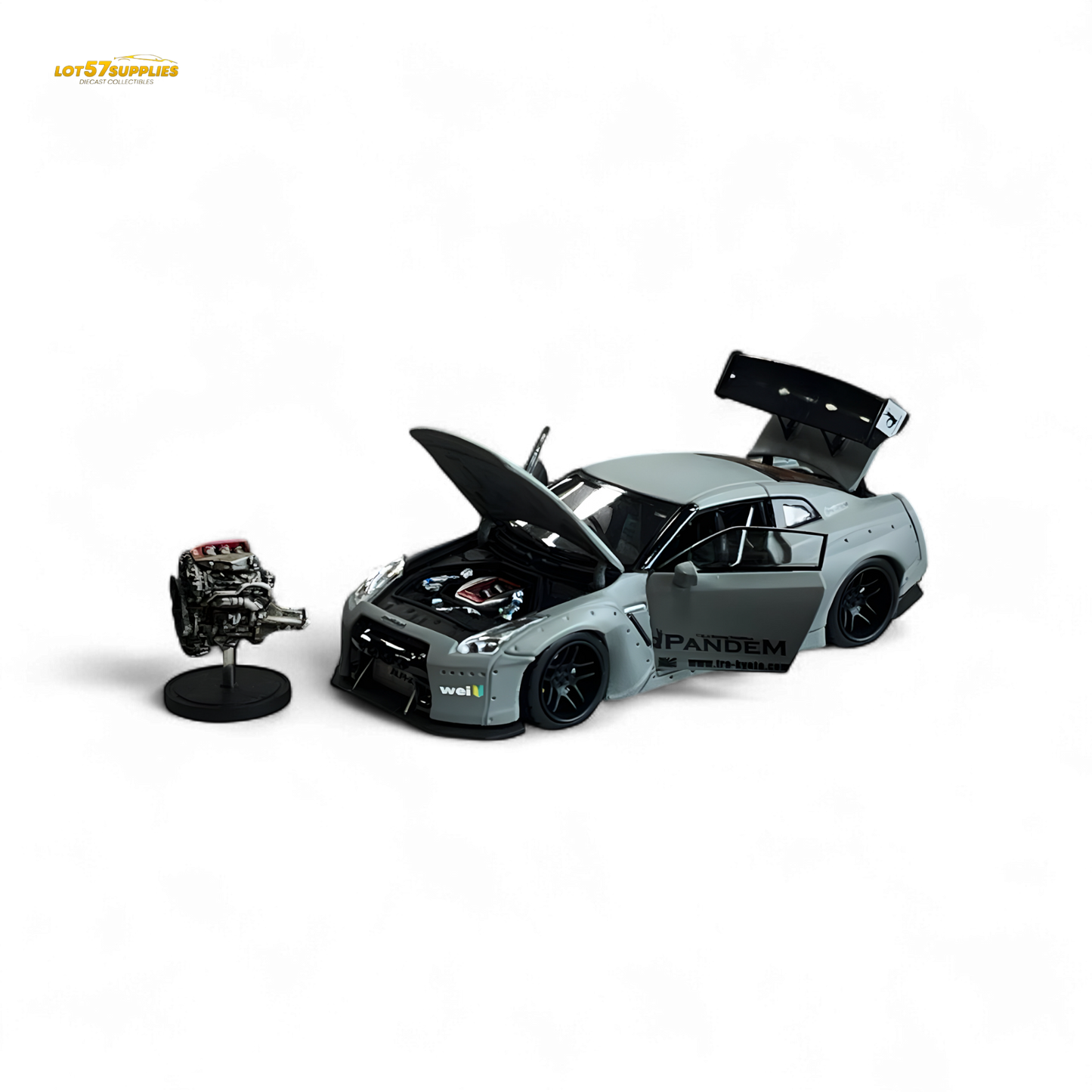 Gray PGM Rocket Bunny R35 Nissan diecast model in luxury version, detailed 1:64 scale car by Lot57Supplies Diecast Shop.