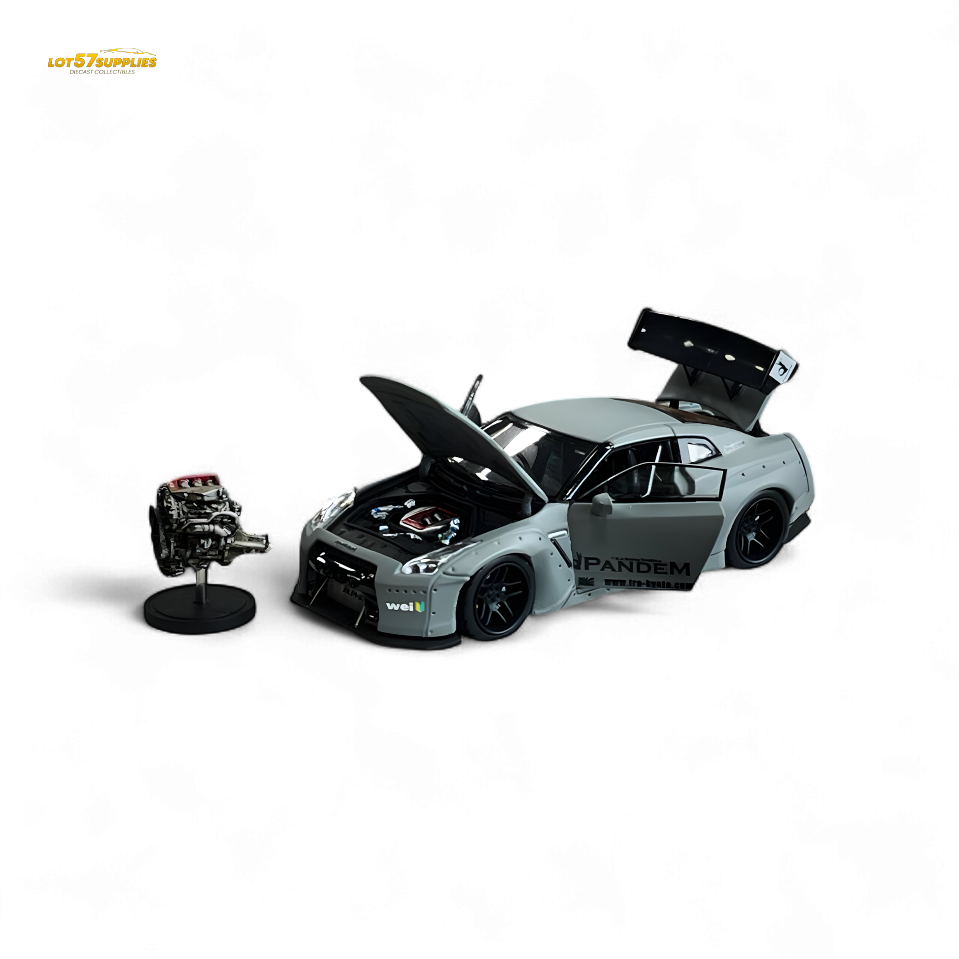 Gray PGM Rocket Bunny R35 Nissan diecast model in luxury version, detailed 1:64 scale car by Lot57Supplies Diecast Shop.