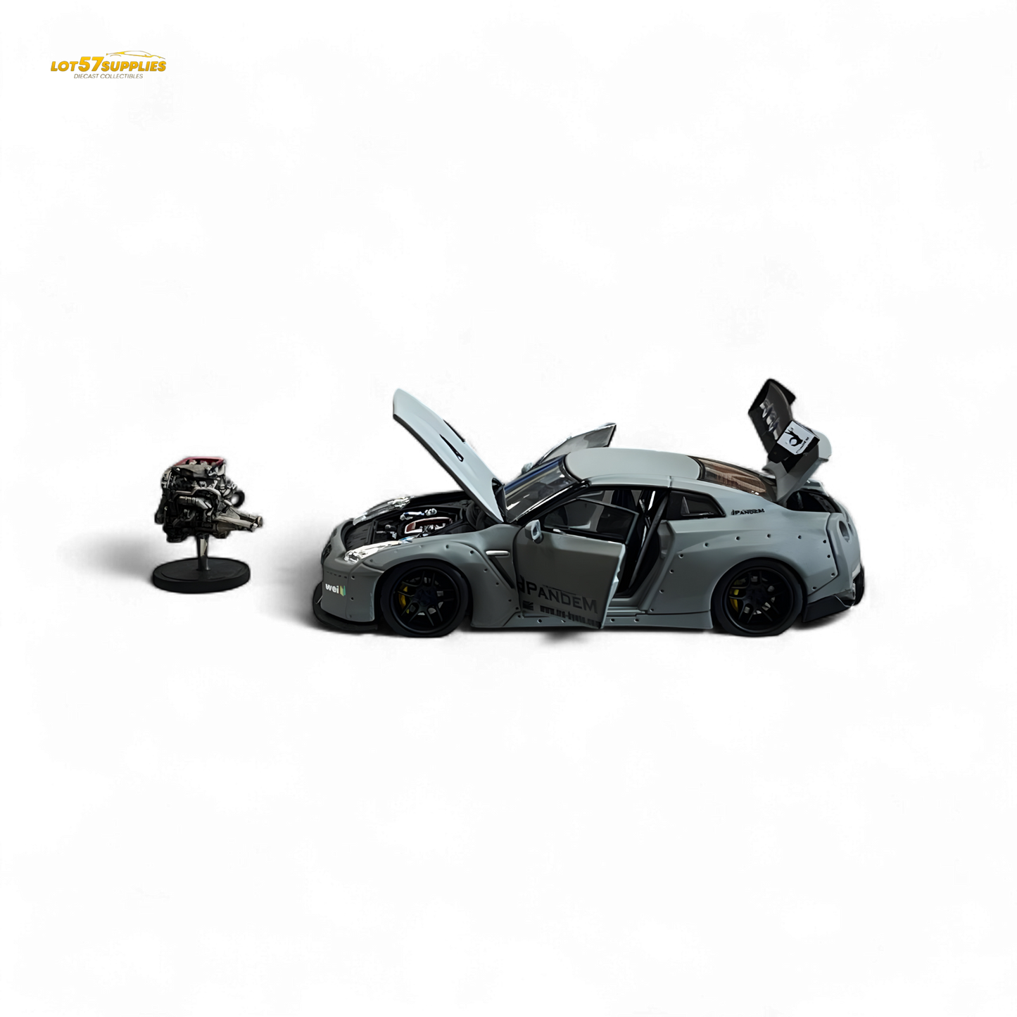 Nissan PGM Rocket Bunny R35 diecast car in combat grey, luxury version, 1:64 scale, detailed model from Lot57Supplies Diecast Shop