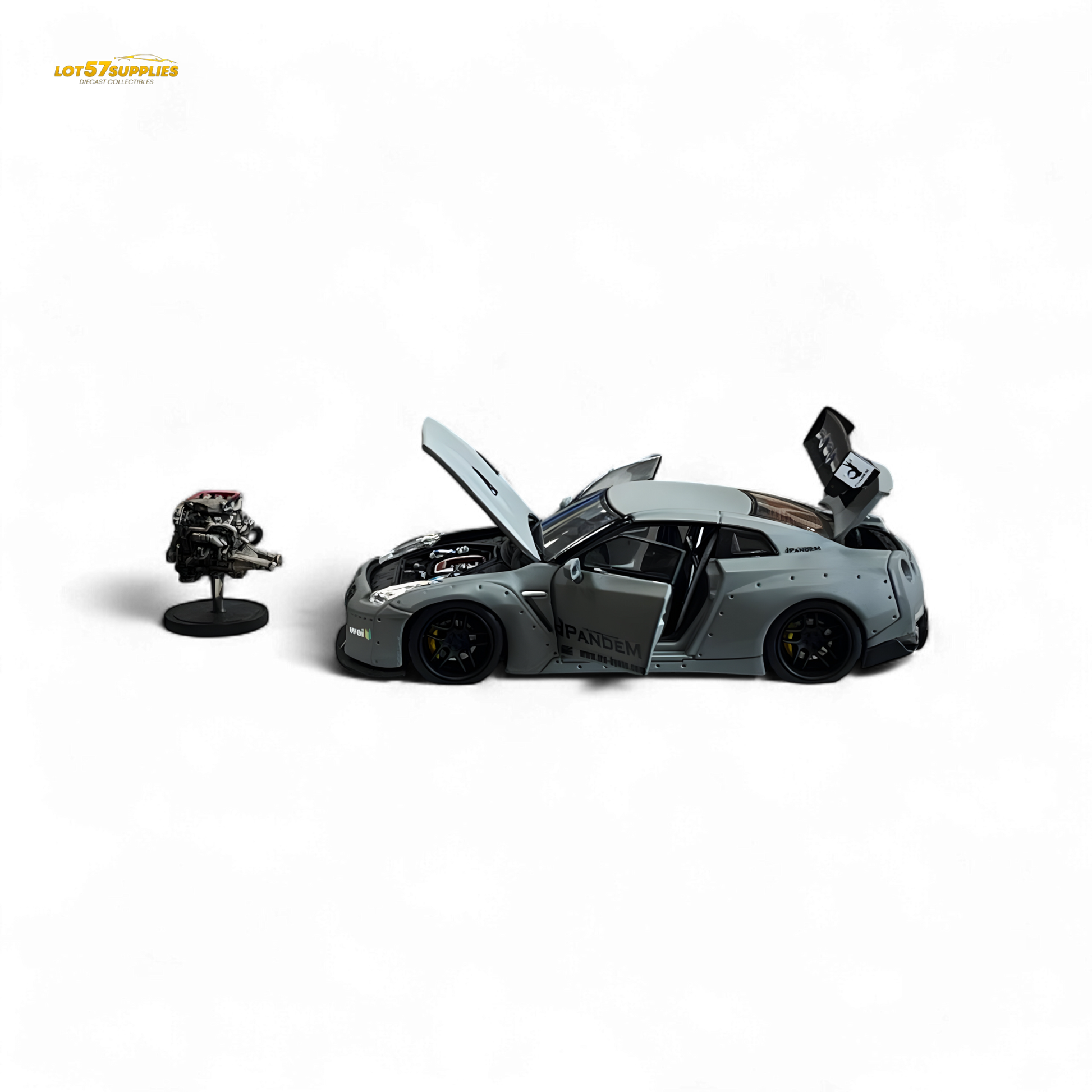 Nissan PGM Rocket Bunny R35 diecast car in combat grey, luxury version, 1:64 scale, detailed model from Lot57Supplies Diecast Shop