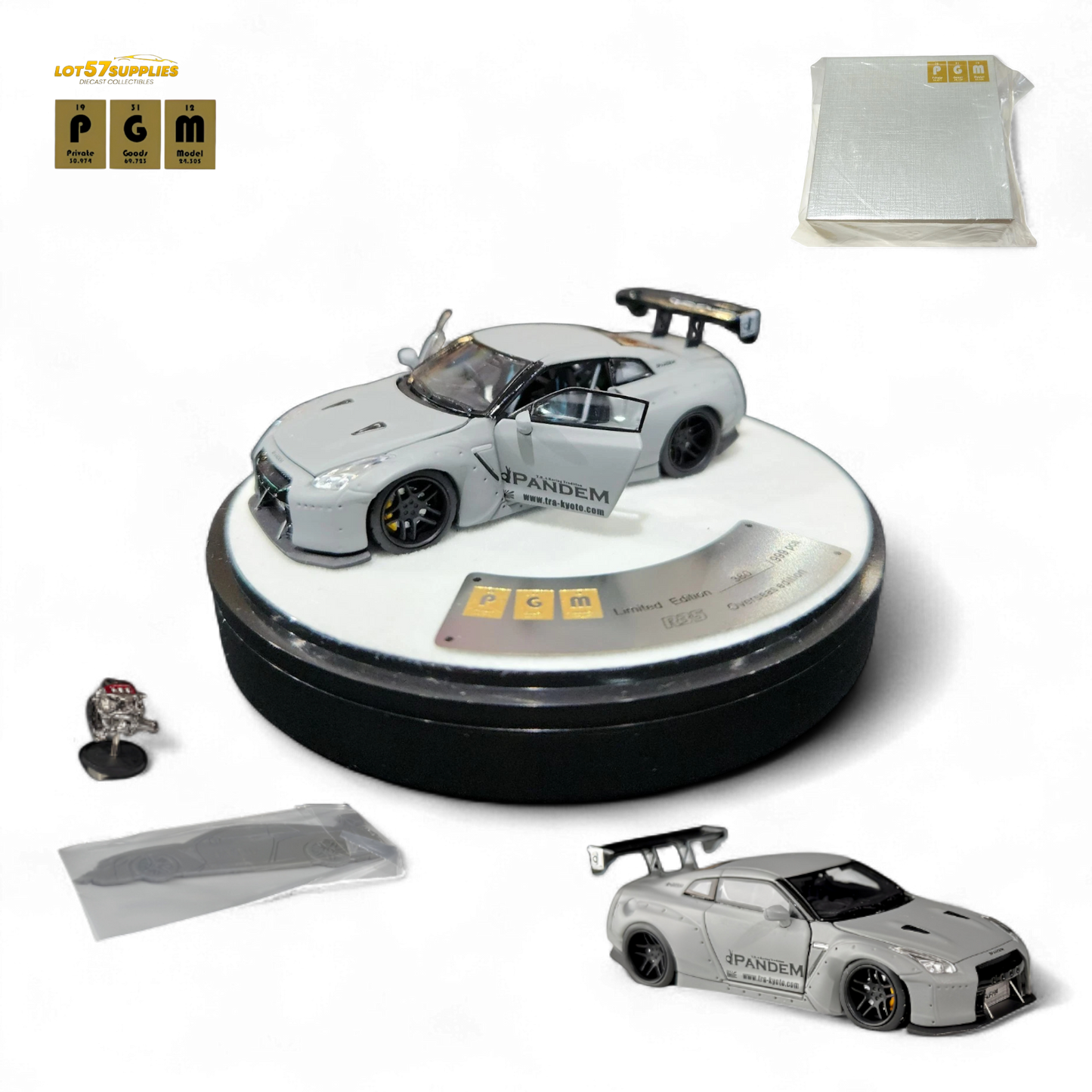 Gray 1:64 scale PGM Rocket Bunny R35 Nissan diecast model by Lot57Supplies, detailed luxury version for collectors.