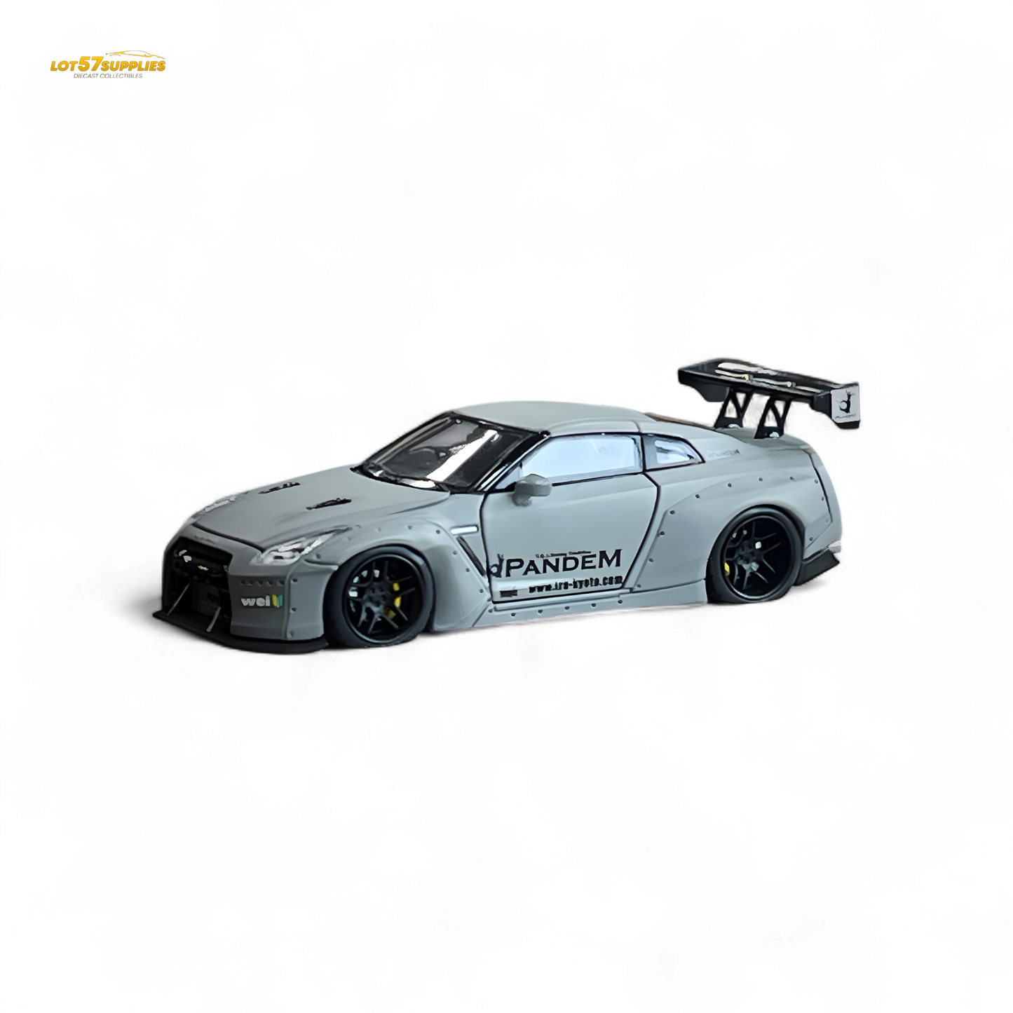 Gray Nissan PGM Rocket Bunny R35 diecast car by Lot57Supplies in 1:64 scale, detailed luxury version with aggressive styling.