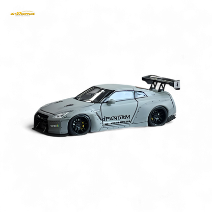 Gray Nissan PGM Rocket Bunny R35 diecast car by Lot57Supplies in 1:64 scale, detailed luxury version with aggressive styling.