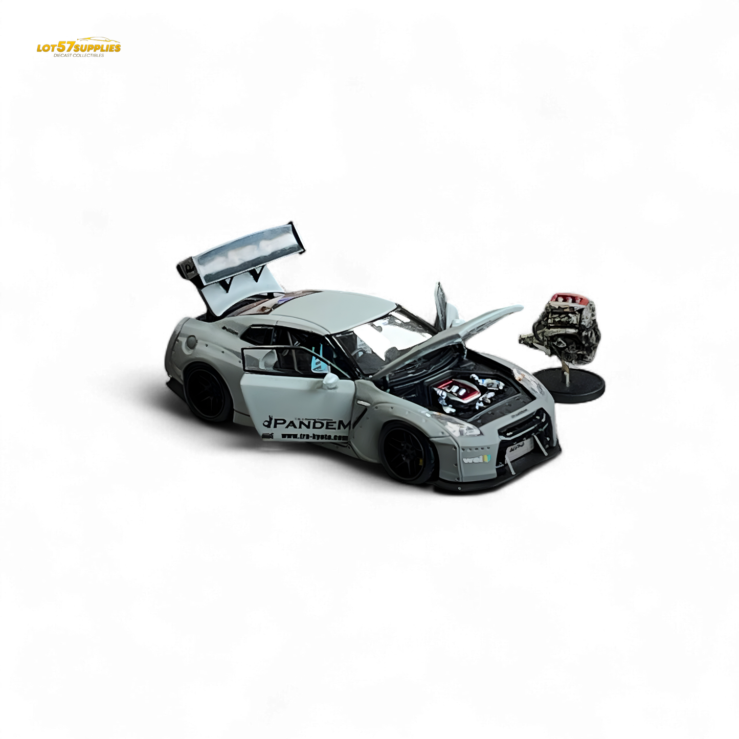 Nissan PGM Rocket Bunny R35 diecast car in combat grey luxury version, 1:64 scale, featuring detailed design and sporty appearance