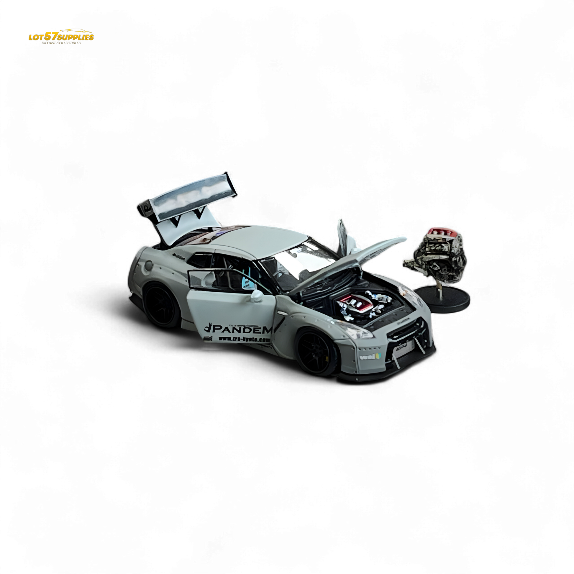 Nissan PGM Rocket Bunny R35 diecast car in combat grey luxury version, 1:64 scale, featuring detailed design and sporty appearance