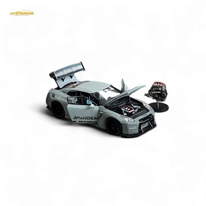 Nissan PGM Rocket Bunny R35 diecast car in combat grey luxury version, 1:64 scale, featuring detailed design and sporty appearance
