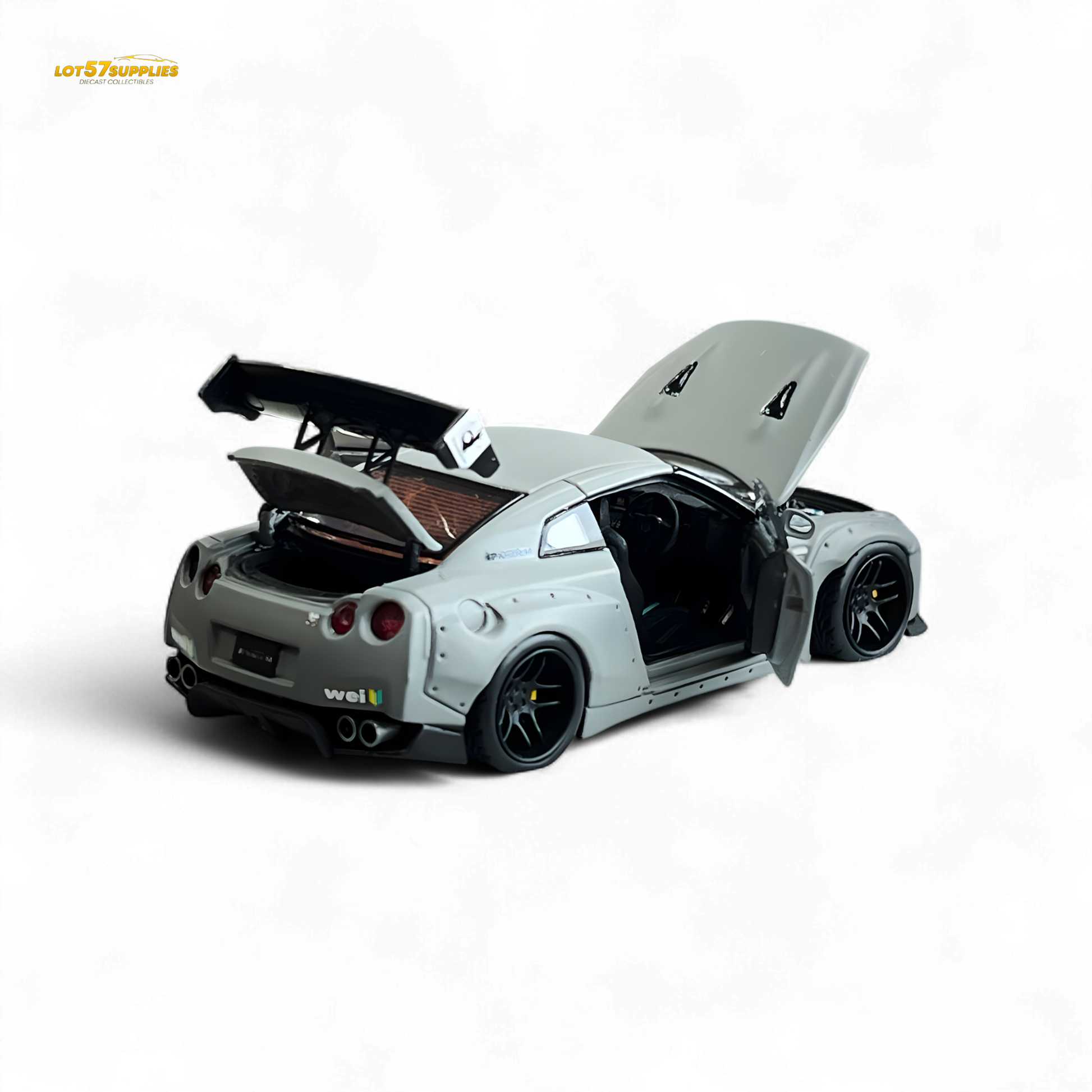 Scale 1:64 Nissan PGM Rocket Bunny R35 diecast model in combat grey, luxury version, detailed view of this collectible toy.