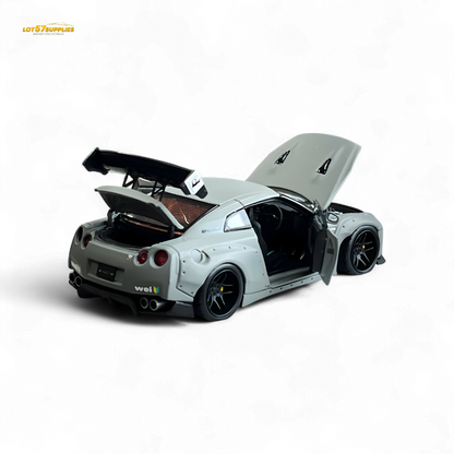 Scale 1:64 Nissan PGM Rocket Bunny R35 diecast model in combat grey, luxury version, detailed view of this collectible toy.
