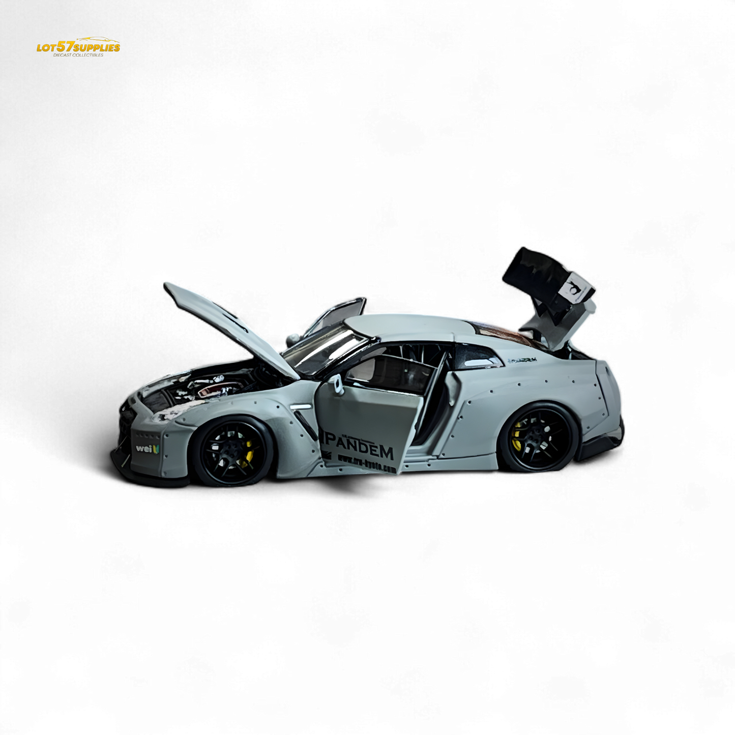 Nissan PGM Rocket Bunny R35 diecast car in Combat Grey, luxury version, 1:64 scale, detailed miniature model.