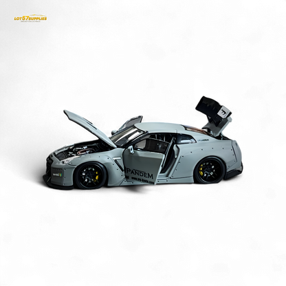 Nissan PGM Rocket Bunny R35 diecast car in Combat Grey, luxury version, 1:64 scale, detailed miniature model.