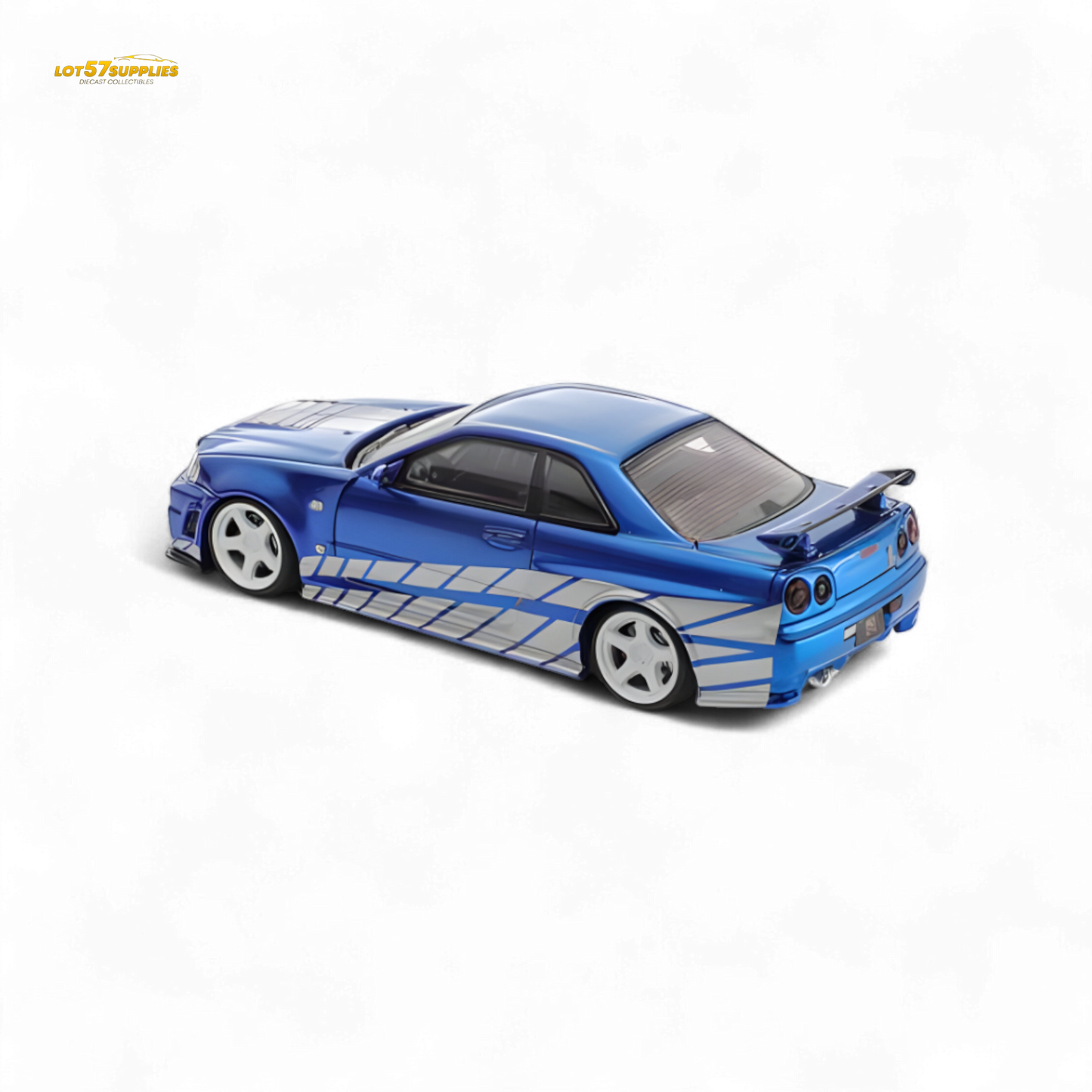 Blue Nissan Skyline GT-R R34 Nismo Z-Tune diecast model in 1:64 scale, detailed design, from Lot57Supplies Diecast Shop.