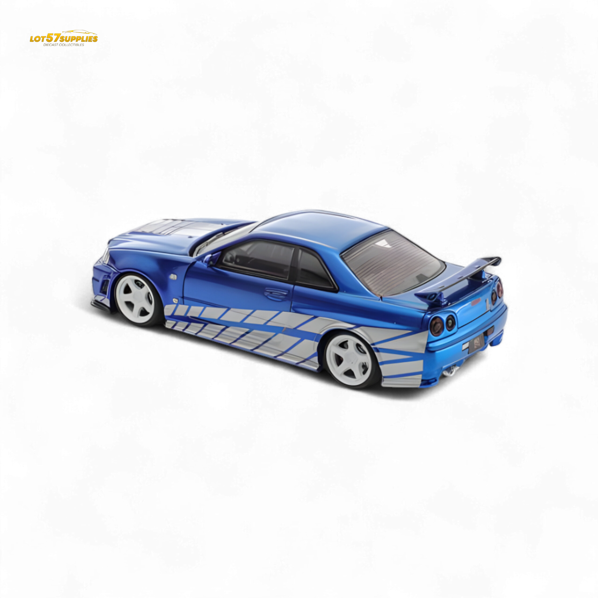 Blue Nissan Skyline GT-R R34 Nismo Z-Tune diecast model in 1:64 scale, detailed design, from Lot57Supplies Diecast Shop.
