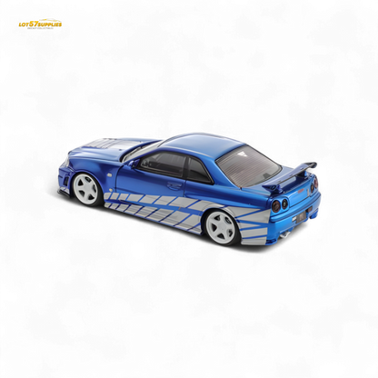 Blue Nissan Skyline GT-R R34 Nismo Z-Tune diecast model in 1:64 scale, detailed design, from Lot57Supplies Diecast Shop.
